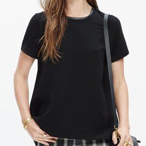 Black Leather-Trim Crepe Top
